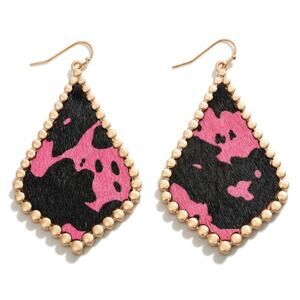 Animal Cow Print Diamond Shape Drop Earrings Hot Pink Black